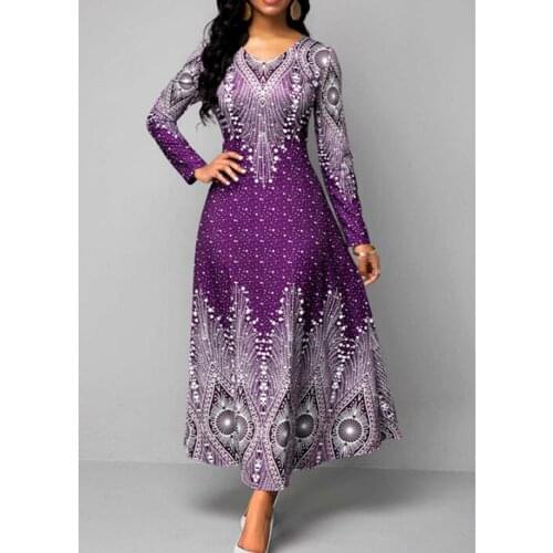 Vintage Print Party Dress Long Sleeve A Line European American V-neck Maxi Dresses Spring Autumn 2021 Oversized Women Fashion