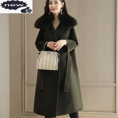 Winter Ladies Long Woolen Bleads Sashes Belted Fur Collar Overcoat Fashion Women Outwear Loose Fit Army Green Coat