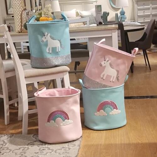 2019 INS New Unicorn Storage Basket for Toys Fabric Rainbow Printed Pink Clothes Basket for Child Folding Laundry Basket