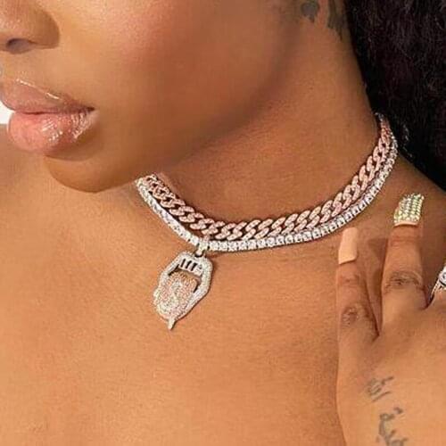 2021 Iced Out Bling Tongue Mouth Pendant Dollar Symbol Engraved Micro Pave 5mm CZ Tennis Chain Lip Necklace Hiphop Men Jewelry