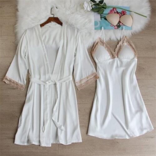 2021 Sexy Women Robe Set With Belt Chest Pad Ice Silk Kimono Bathrobe WHITE Bride Bridesmaid Wedding Robe Home Clothes Nightwear