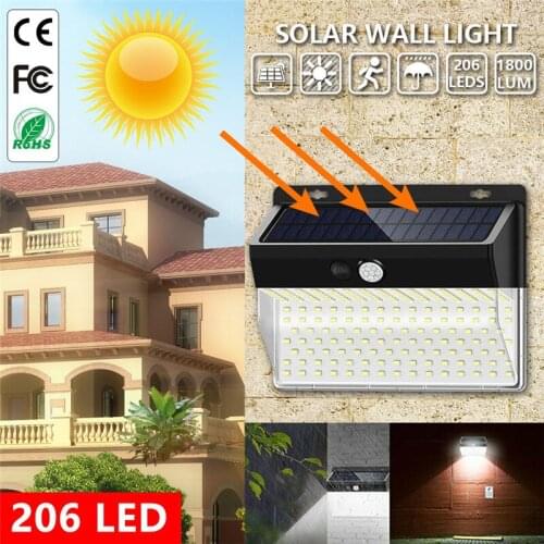 206 LED Solar Light Outdoors 3 Modes Solar Power Wall Light PIR Motion Sensor Garden Light Waterproof Security Solar Street Lamp
