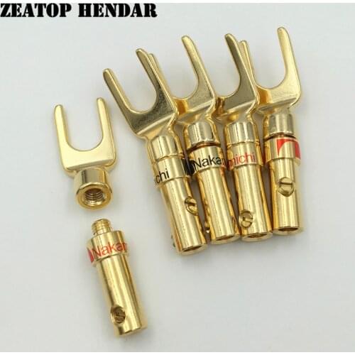 8Pcs Brass Gold plated Nakamichi Y U Spade Speaker Plugs Audio Screw Fork Connector for Binding Post Banana Jack Adapter