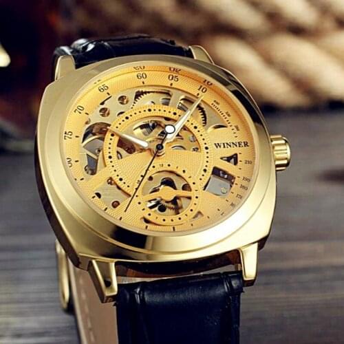 WINNER Men Square Dial Self-wind Automatic Watches Male Brand Luxury Black Leather Mechanical Wrist Watch Skeleton Clocks 2018