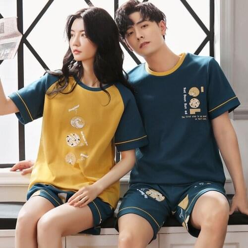 Cotton Summer Women Pajamas Sets Fashion Yellow Patchwork Cartoon Couple Sleepwear Unisex Plus Size Loose Cartoon Cute Homewear