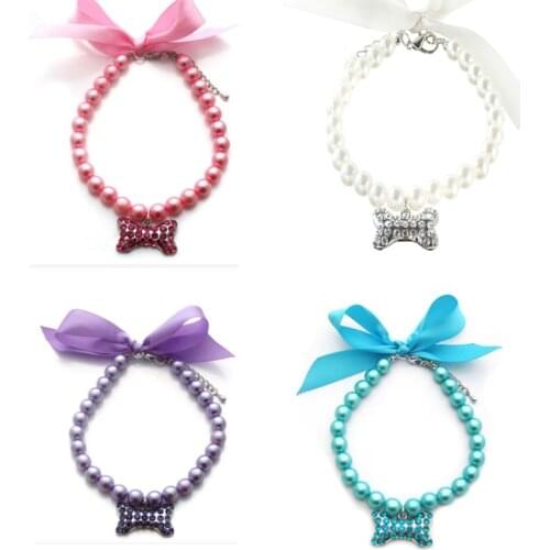 Imitation Pearl Pet Necklace Dog Collar Ornament Rhinestone Bone Pendant With Ribbon For Gifts Five Color available