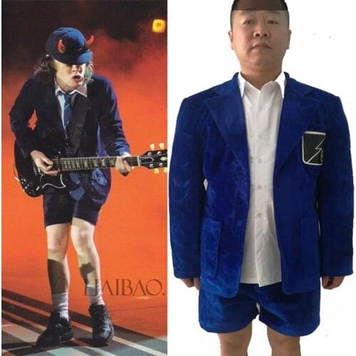 Cosplaydiy Custom Made Band AC/DC Angus Young Cosplay Costume Adult Blue Jacket Top Short Pants Full Set Suit Any Size L320