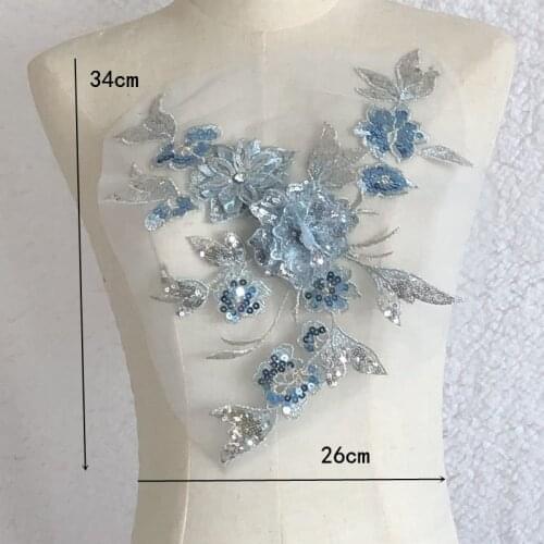 NICE mesh sequin blue flower embroidery lace fabric applique ribbon trim collar sewing DIY craft wedding dress cloth Accessory