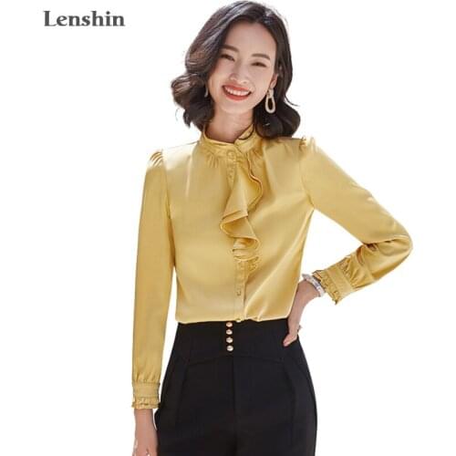Lenshin fashion Ruffles shirt women Stand Collar long sleeve blouse office ladies formal Loose plus size tops