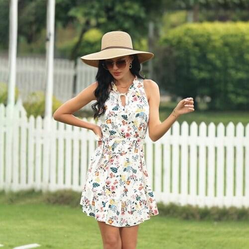 Summer Boho Floral Print Short Dress Women Sexy Sleeveless V Neck Bandage Casual Streetwear Plus Size High Waist Dresses
