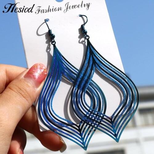 Trendy Frosted Blue Striped Stainless Steel Dangle Earrings Hollow Rhombus Water Drop Chandelier Earring For Women Jewelry Gifts