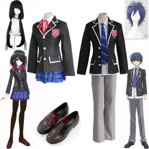 Men Boys Girls Anime DATE A LIVE Itsuka Shido Cosplay Costumes Tokisaki Kurumi Jacket Skirt School Uniform Synthetic Wig Shoes