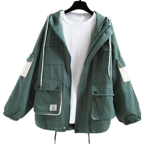 New Women Workwear Jacket Spring Autumn 2021 Harajuku BF Loose Casual Trench Coat Womens Hooded Overcoat Baseball Uniform XS