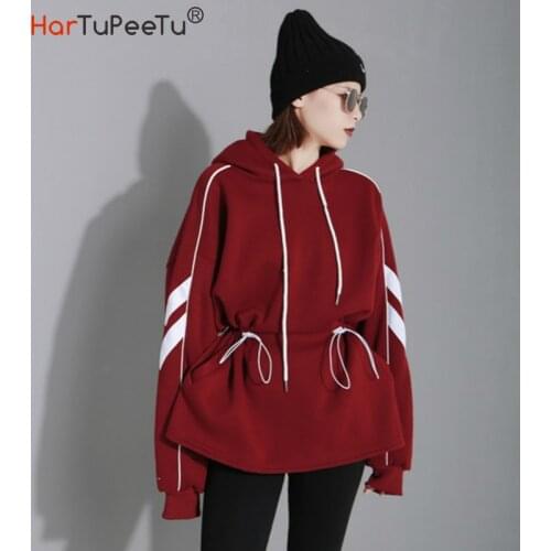 2020 Autumn Women Winter Fleece Hoodies Oversized Hooded Sweatshirt Drawstring Design Pockets Lace-up Irregular Colour Block