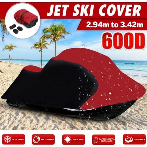 600D Polyester Solution Dyed Waterproof Boat Cover Fit for Universal 3 person PWC Jet Ski 294-342cm and 348-356cm length W/ Bag
