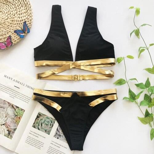 Sexy Black Gold Brazilian Bikini Female Deep V Swimsuit Women Swimwear Two-pieces Bikini set Bather Bathing Suit Swim Lady
