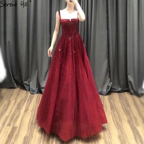 Serene Hill Red Beading Evening Gowns for Women 2021 Sleeveless A-Line Luxury Floor-Length Formal Dress Party Design BLA70600