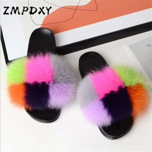 Womens Raccoon Fur Slides Kids/Childrens Real Fox Hair Slippers Fluffy Open Toe Sandals Girl Plush Flip Flops Home Furry Shoes