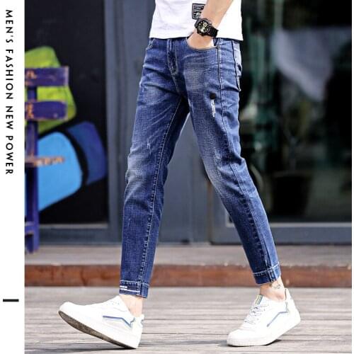 TEHEZAD Mens Jeans Casual Pencil Pants Pique Cotton Classic Washed Business Work Straight Pants Mens Office Ankle Length Pants