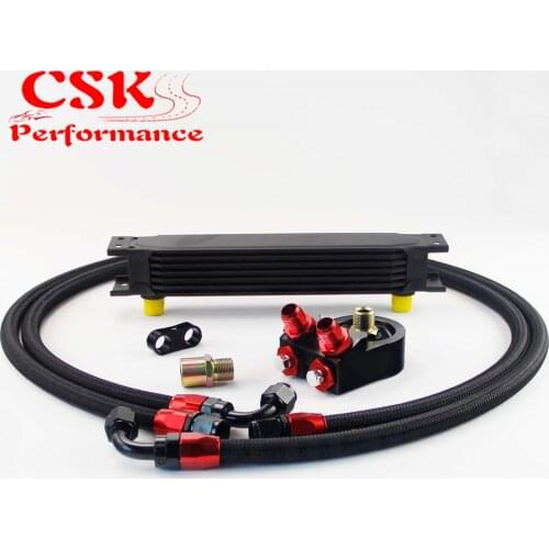 Universal 7 Row 248mm AN8 Engine Transmission Oil Cooler British Type + Aluminum Filter Adapter Kit Black/Blue