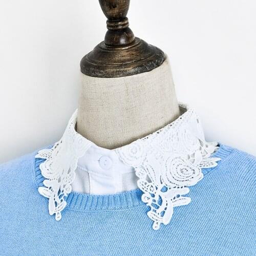 Linbaiway Women New Fashion Flower Embroidery False Collar White Shirt Fake Collar Tie Detachable Collar Lapel Blouse Top Decor
