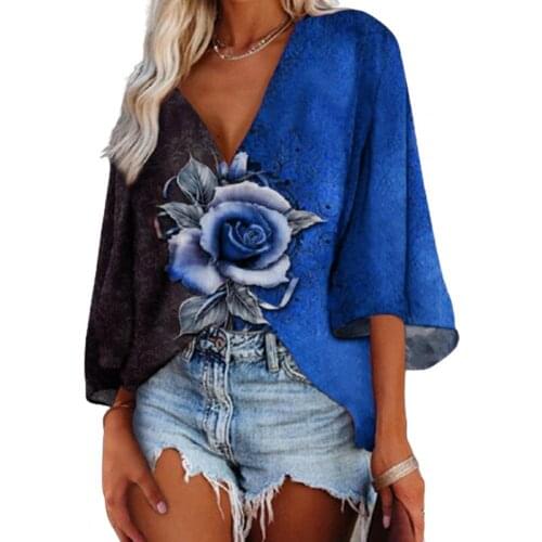 Women Flare Long Sleeve Blouse Contrast Color Rose Print Summer 3/4 Sleeve V Neck Tops Pullover for Dating Loose New