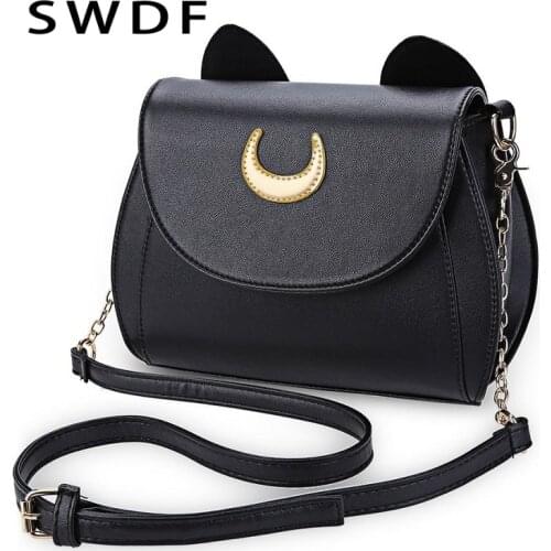 SWDF Summer Sailor Moon Ladies Handbag Black Luna Cat Shape Chain Shoulder Bag PU Leather Women Messenger Crossbody Small Bag