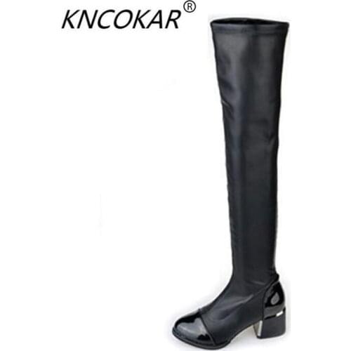 2017 women sequins toes elastic stretching with thick thighs high fashion PU leather riding boots over the knee boots