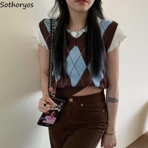 Women Sweater Vests Retro Preppy Style Classic Argyle Students Fashionable Casual Slim All-match Harajuku Streetwear Jumpers Hot