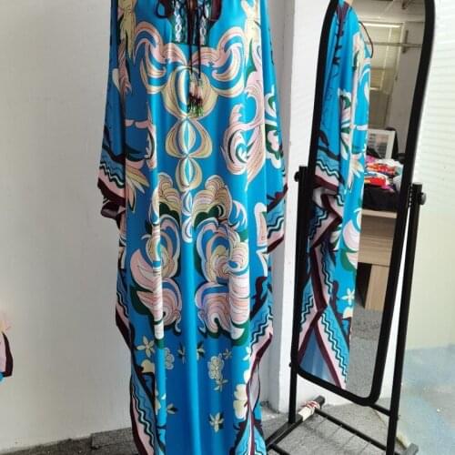 Blue abstract floral chiffon cross border maxi knitted dress women robe 20 summer long casual beach sexy loose dresses plus size