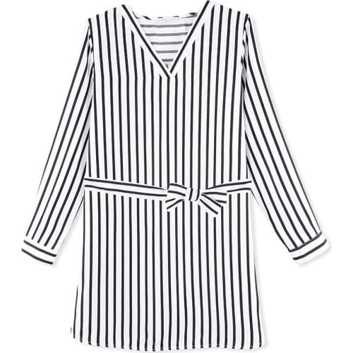 Neatie kiddie Black White Stripe Summer Casual Sashes Short Dress Women Clothes 2019 V-neck Long Sleeve Elegant Slim Dress Robes