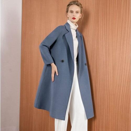 Winter Cashmere New style Overcoat Female Blue woolen Jacket Women Warm Fashion Outerwear American Slim Long Ladies Medium Coats