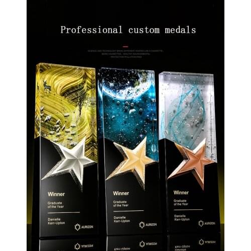 Gold, silver and copper five-pointed star crystal trophy custom creative medal production honor trophy lettering custom authoriz