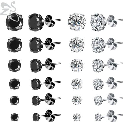 ZS 6 Pairs/lot 3-8MM Shiny Zircon Stud Earring Set 20g Silver Black Color Stainless Steel Ear Studs Helix Conch Tragus Piercings