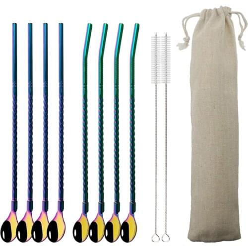 8Pcs 18/10 Stainless Steel Straw Tea Scoop Colorful Reusable Long Handle Straw Spoon Bar Coffee Stirring Drinking Spoon With Bag