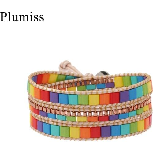 Exclusive New Chakra Bracelets for Women Acrylic Beads Rose Gold Color Stainless Steel Leather Wrap Bracelet Handmade Jewelry