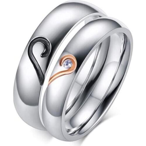 Engagement Wedding Ring for Women/ Men Stainless Steel Heart Zirconia Stone Couple Ring Heart Lovers' Ring