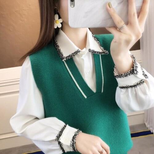 2021 Autumn Womens Knitted Vest Sweater Vest Loose Outside Simple Short Style To Show Thin Korean Girls' College Style Green
