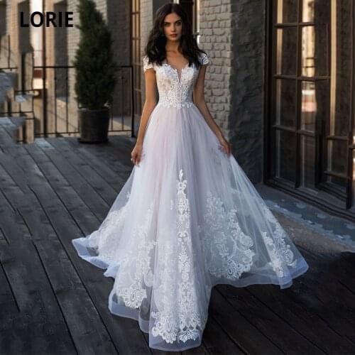 LORIE Blush Pink Beach Wedding Dresses V-neck Off Shoulder Elegant Lace Appliques Wedding Bride Gown with Sweep Train Plus Size