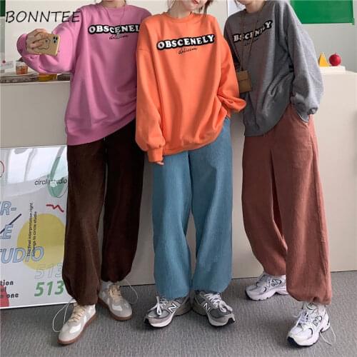 Casual Pants Women Streetwear Trendy Harajuku Full Length Harem Trouser Spring Loose Elastic Waist Solid Corduroy Korean College