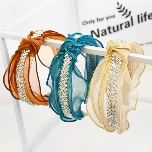 2021 Spring Summer Yarn Knotted Headband Solid Organza Rhinestone Hairband with Teeth Transparent Hair Hoop Hair Accessories