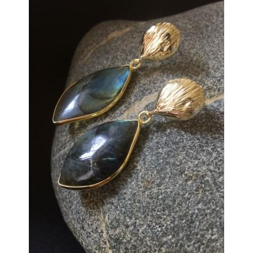FUWO Wholesale Labradorite Drop Earrings,Gold Tone Shiny Gems Stone Stud Earring Jewelry Gift For Women ER053