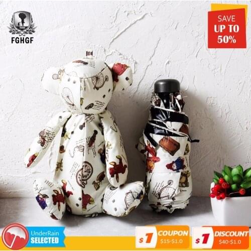 Light Small Creative 5 Folding Pocket Umbrella Kids Toys Rain Women Cute Grid Little Bear Beach UV Black Coating Parasol