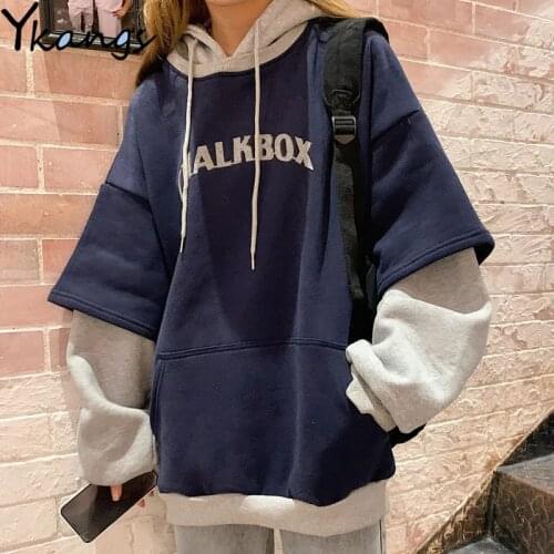 Loose Harajuku Korean Style Patchwork Hoodies Womens Gothic Long Sleeve Ulzzang Embroidery Street Chic Students Pullovers Female
