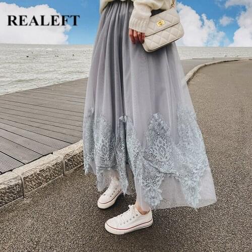REALEFT 2021 New Autumn Womens Lace Skirts Elegant High Elastic Waist Mesh Lace Patchwork Casual Holiday Ladies Skirts Female