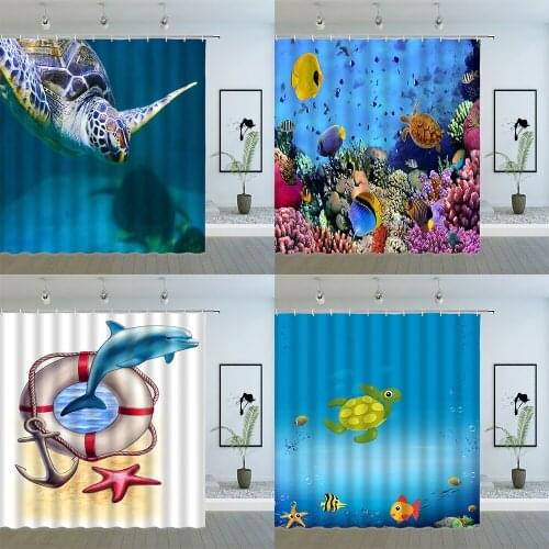 Ocean Animal Shower Curtains Underwater World Sea Turtle Dolphin Fish Pattern Print Bathroom Waterproof Cloth Curtain Set Cheap