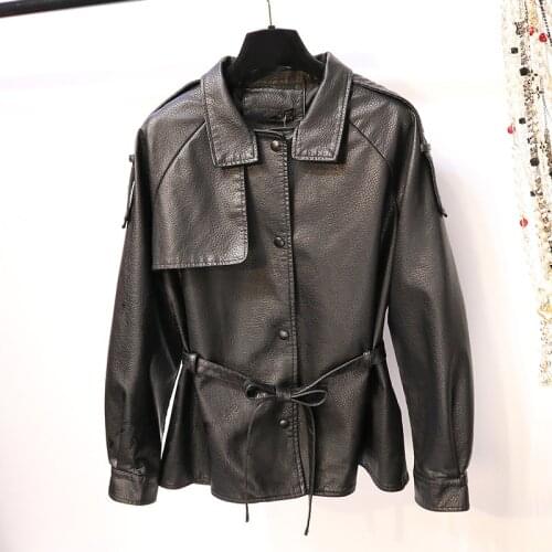 2021 Spring Autumn Lapel Faux Leather Jacket Women Green PU Coat Simplicity Loose Jackets Office Lady Outwear with Belt