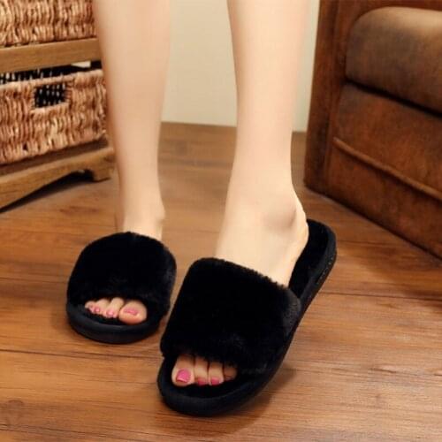 Large size 10 11 ladies sweet solid black slippers womens fur slides flat with velvet winter shoes girl