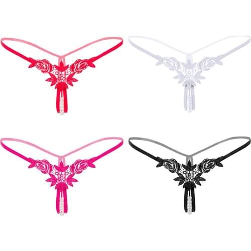 Womens Crotchless Panties Pearl Beaded Massage Hollow String Bikini Underpants