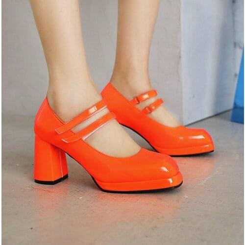 ZawsThia 2021 Patent PU Leather Orange Nude Block High Heeled Woman Shoes Double Band Platform Mary Janes Pumps Heels Size 33-48